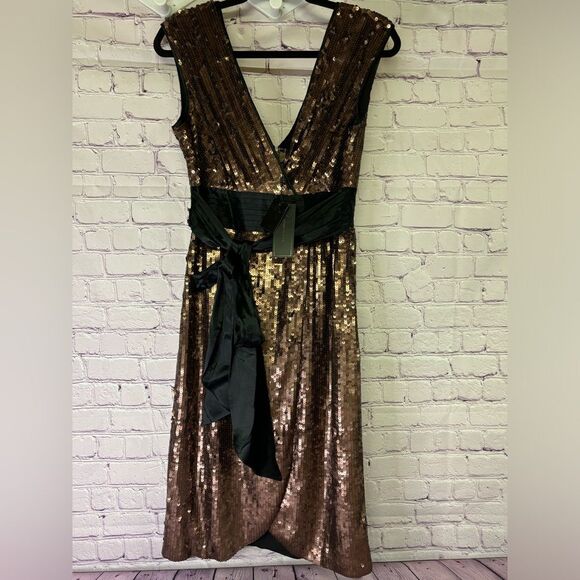 NWT BCBGMAXAZRIA Taupe Sequin Black Satin Trim 70s Glam Deep V Midi Dress Size S - Picture 1 of 13